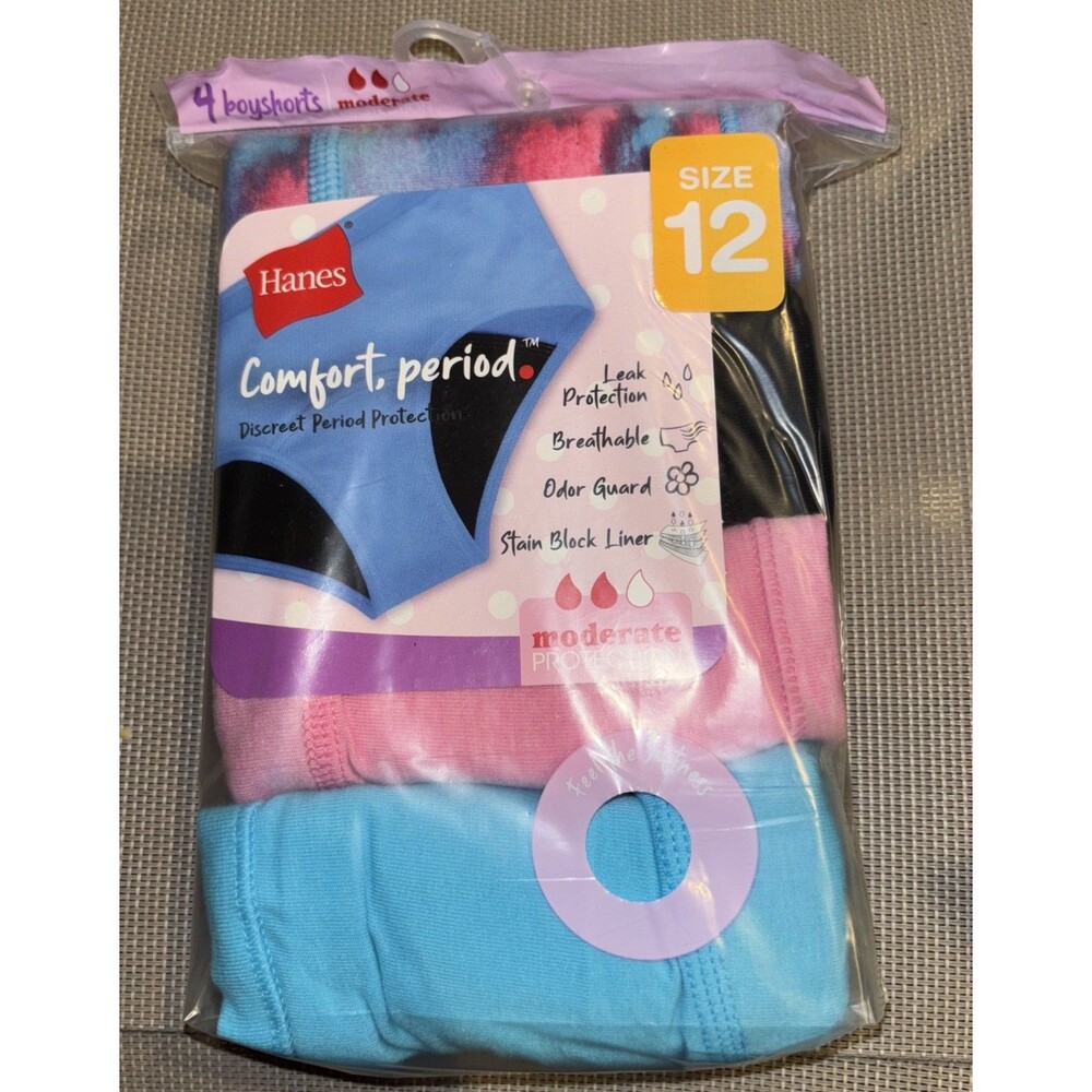 Hanes Boyshort Moderate Comfort Period Protection Panties Girls 12-NEW School
